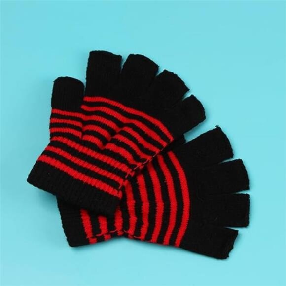 2 Pairs Rainbow Striped Cotton Knitted Half Finger Gloves - Thickened Warm for - Picture 6 of 8